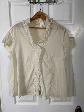No Boundries- Eileen Fisher Cream Ruffle-Trim Button-Front Blouse,xxl